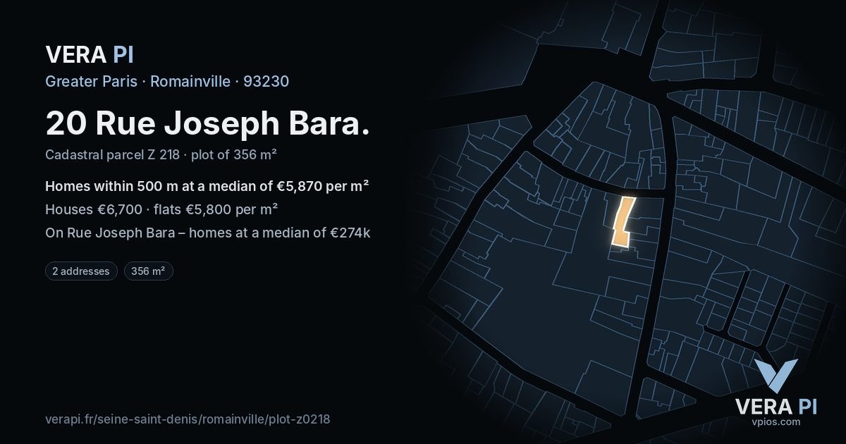 20 Rue Joseph Bara, Romainville at night – the plot lit, the parcels around coloured by the prices near them