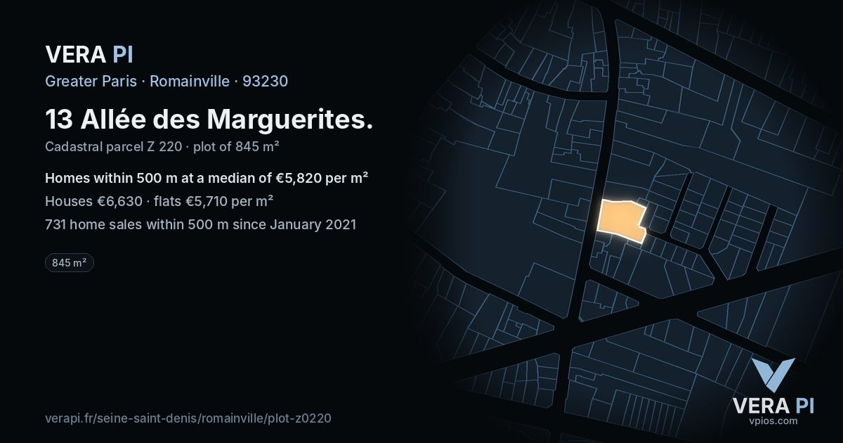 13 Allée des Marguerites, Romainville at night – the plot lit, the parcels around coloured by the prices near them