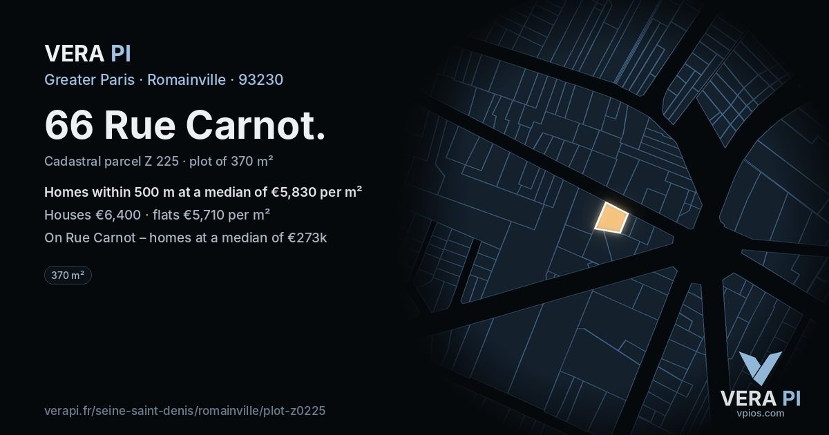 66 Rue Carnot, Romainville at night – the plot lit, the parcels around coloured by the prices near them