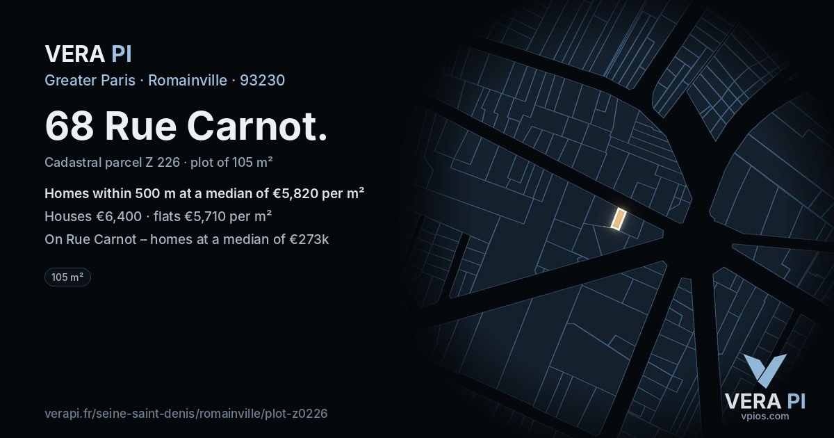 68 Rue Carnot, Romainville at night – the plot lit, the parcels around coloured by the prices near them