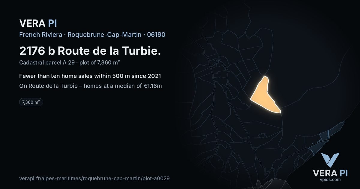 2176 b Route de la Turbie, Roquebrune-Cap-Martin at night – the plot lit, the parcels around coloured by the prices near them
