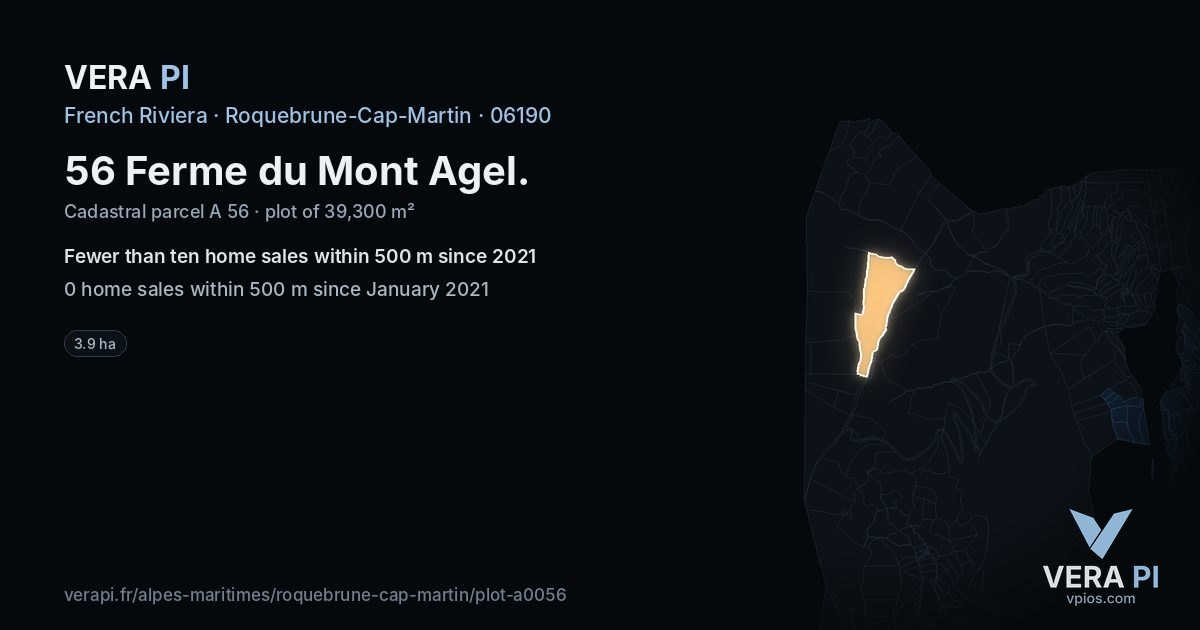 56 Ferme du Mont Agel, Roquebrune-Cap-Martin at night – the plot lit, the parcels around coloured by the prices near them