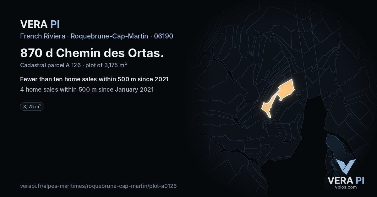 870 d Chemin des Ortas, Roquebrune-Cap-Martin at night – the plot lit, the parcels around coloured by the prices near them