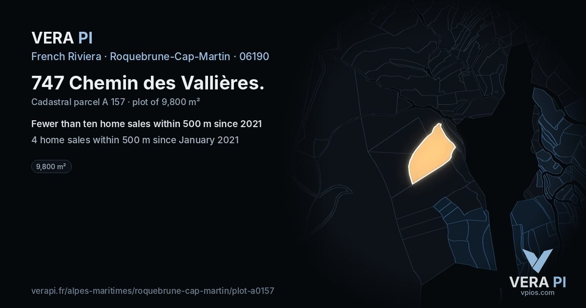 747 Chemin des Vallières, Roquebrune-Cap-Martin at night – the plot lit, the parcels around coloured by the prices near them