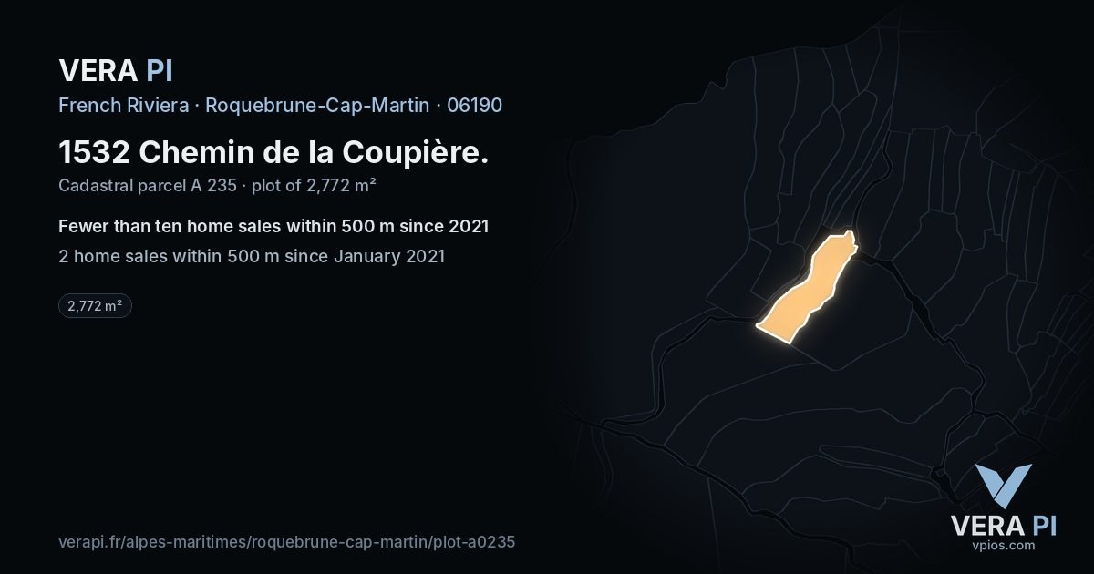 1532 Chemin de la Coupière, Roquebrune-Cap-Martin at night – the plot lit, the parcels around coloured by the prices near them