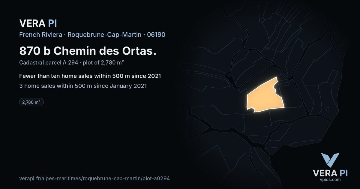 870 b Chemin des Ortas, Roquebrune-Cap-Martin at night – the plot lit, the parcels around coloured by the prices near them