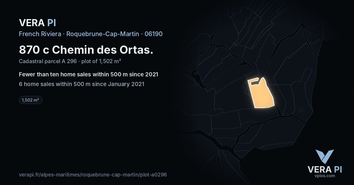 870 c Chemin des Ortas, Roquebrune-Cap-Martin at night – the plot lit, the parcels around coloured by the prices near them