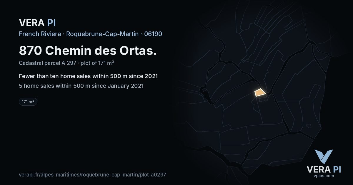 870 Chemin des Ortas, Roquebrune-Cap-Martin at night – the plot lit, the parcels around coloured by the prices near them