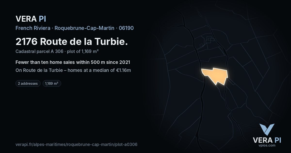 2176 Route de la Turbie, Roquebrune-Cap-Martin at night – the plot lit, the parcels around coloured by the prices near them