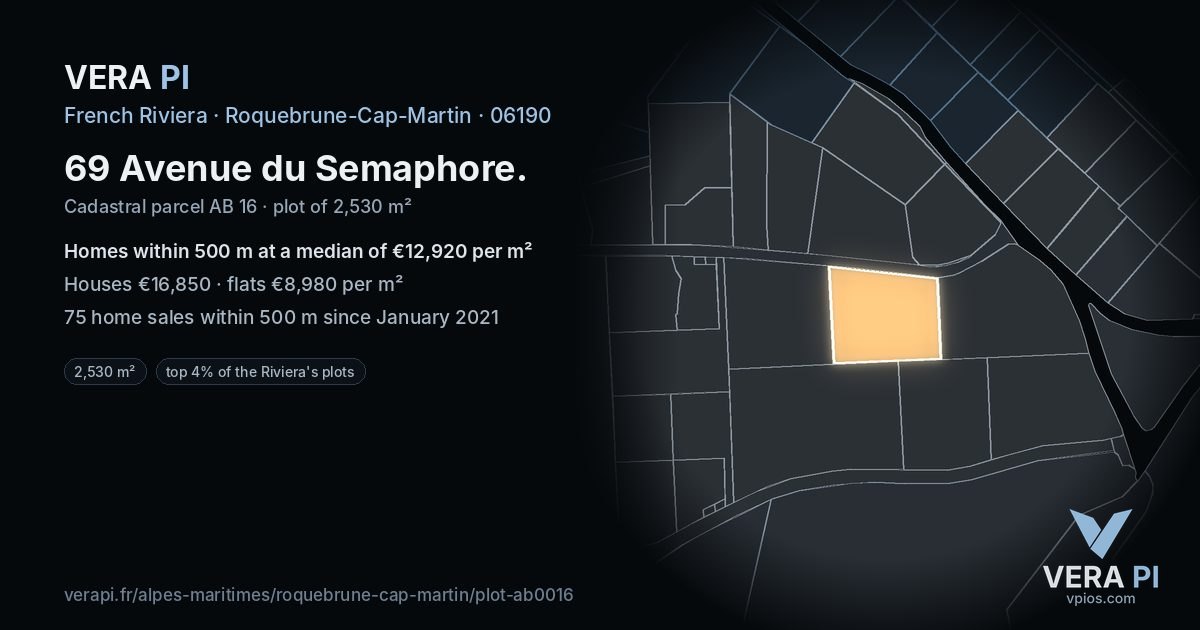 69 Avenue du Semaphore, Roquebrune-Cap-Martin at night – the plot lit, the parcels around coloured by the prices near them