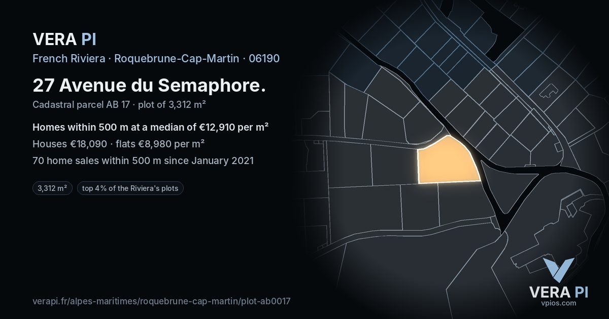 27 Avenue du Semaphore, Roquebrune-Cap-Martin at night – the plot lit, the parcels around coloured by the prices near them