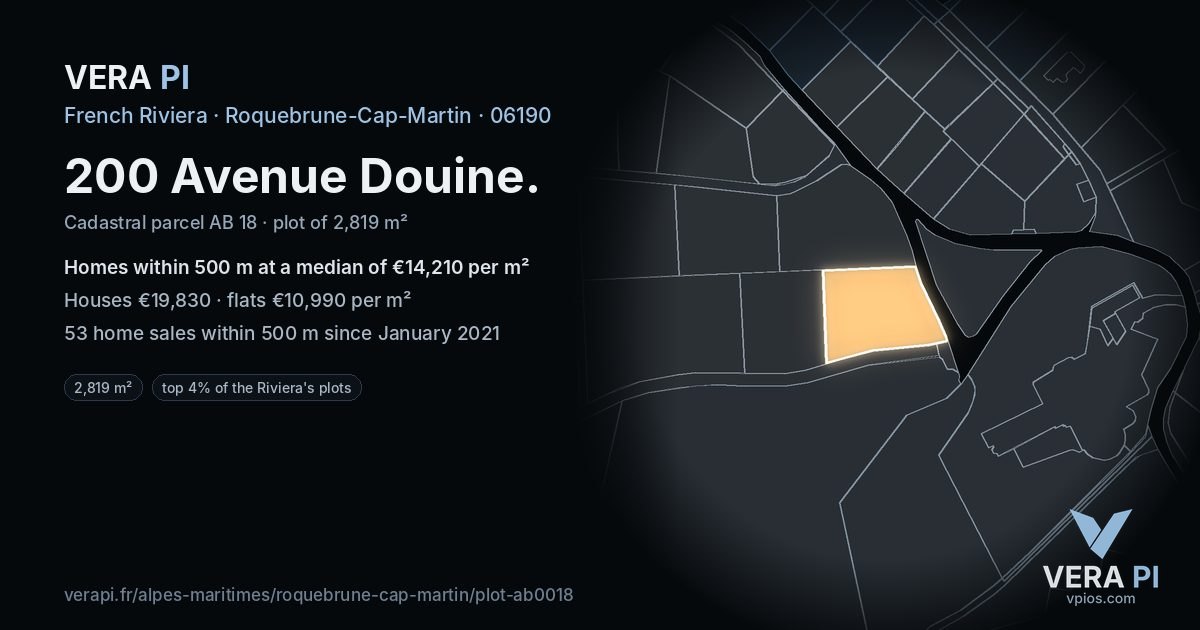 200 Avenue Douine, Roquebrune-Cap-Martin at night – the plot lit, the parcels around coloured by the prices near them