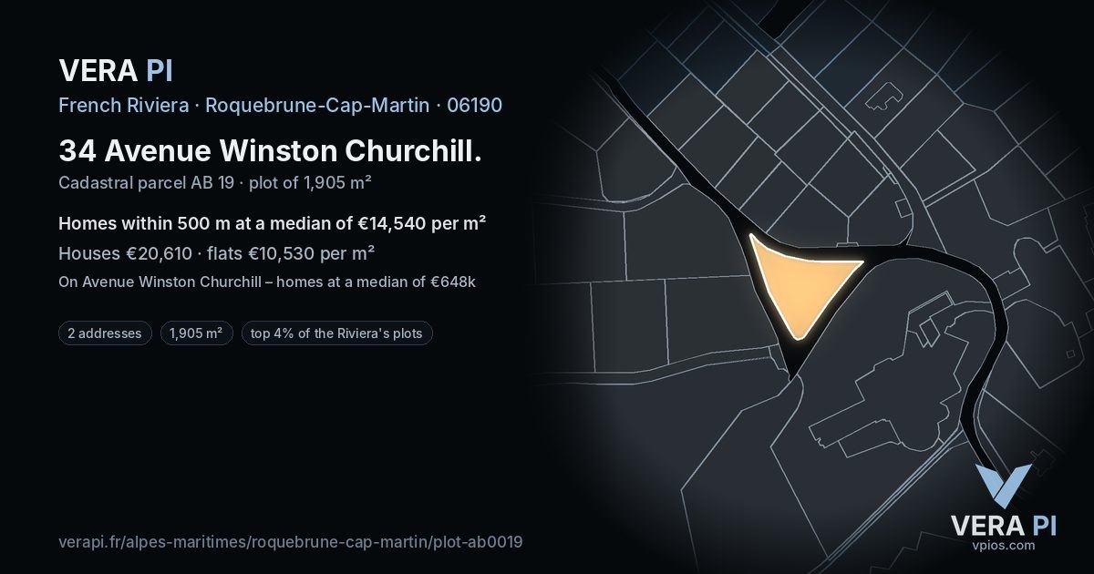 34 Avenue Winston Churchill, Roquebrune-Cap-Martin at night – the plot lit, the parcels around coloured by the prices near them