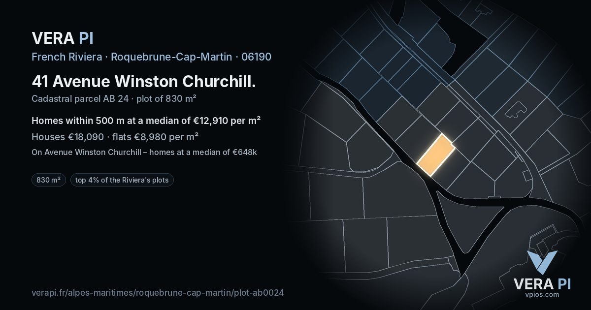 41 Avenue Winston Churchill, Roquebrune-Cap-Martin at night – the plot lit, the parcels around coloured by the prices near them