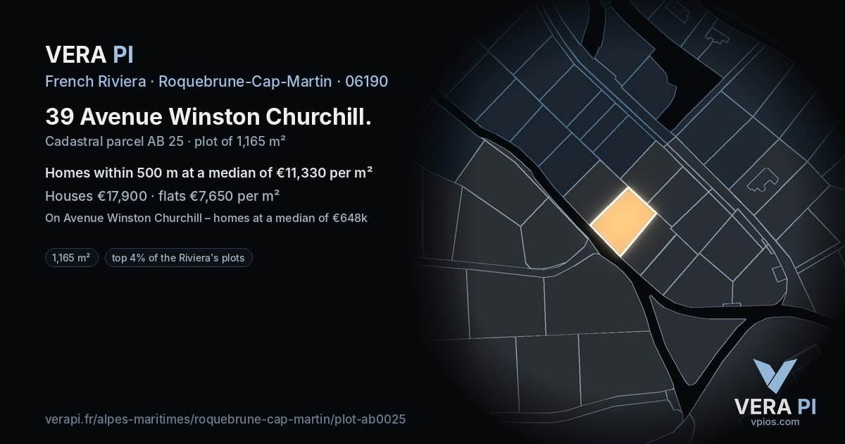 39 Avenue Winston Churchill, Roquebrune-Cap-Martin at night – the plot lit, the parcels around coloured by the prices near them