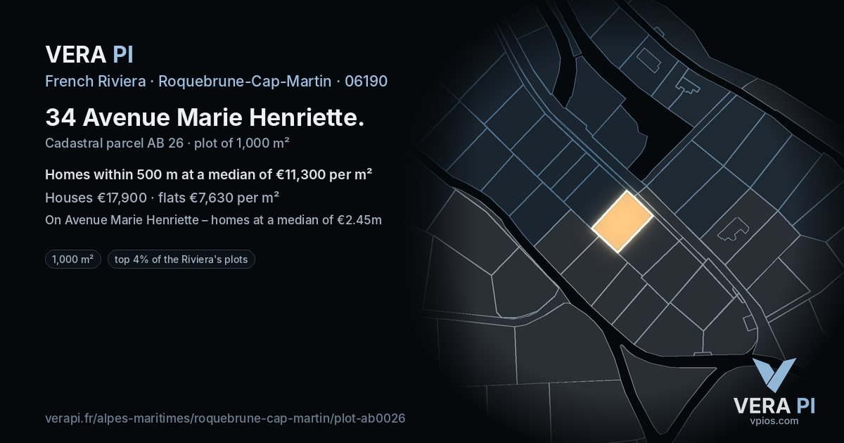 34 Avenue Marie Henriette, Roquebrune-Cap-Martin at night – the plot lit, the parcels around coloured by the prices near them