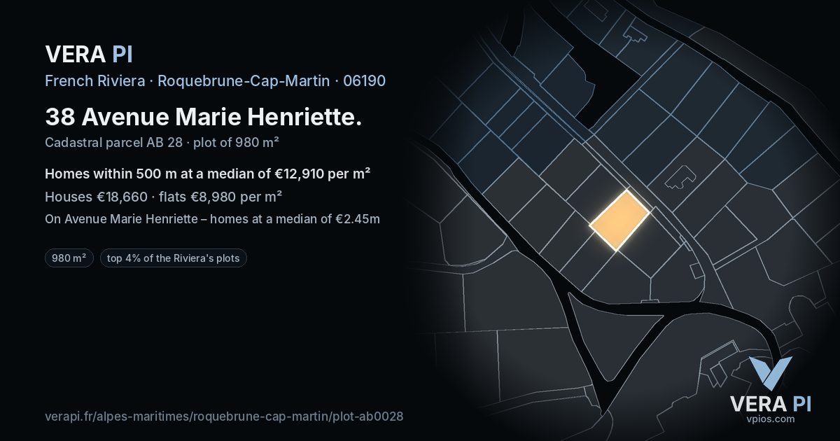 38 Avenue Marie Henriette, Roquebrune-Cap-Martin at night – the plot lit, the parcels around coloured by the prices near them