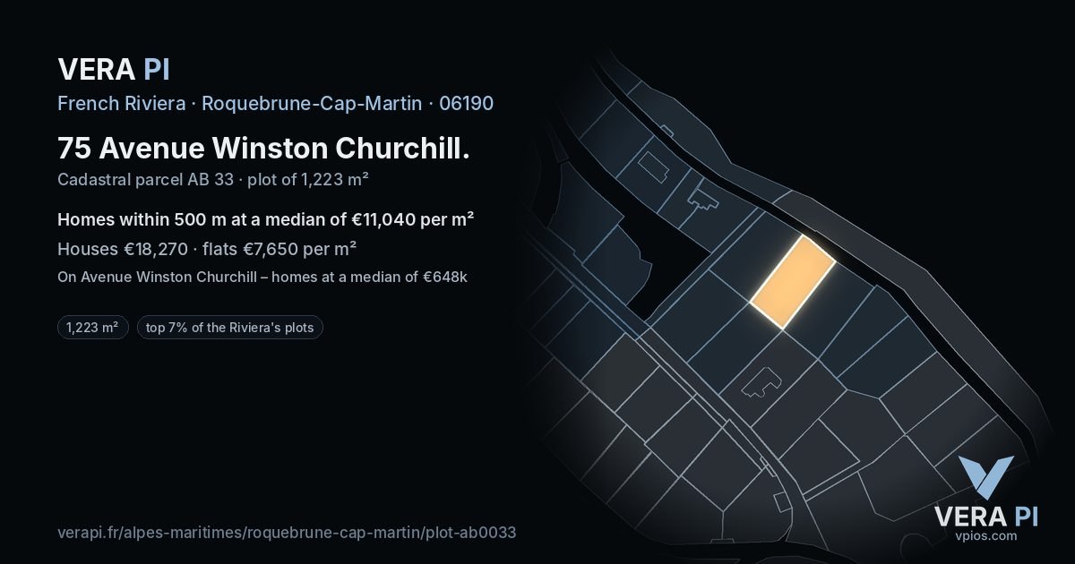 75 Avenue Winston Churchill, Roquebrune-Cap-Martin at night – the plot lit, the parcels around coloured by the prices near them