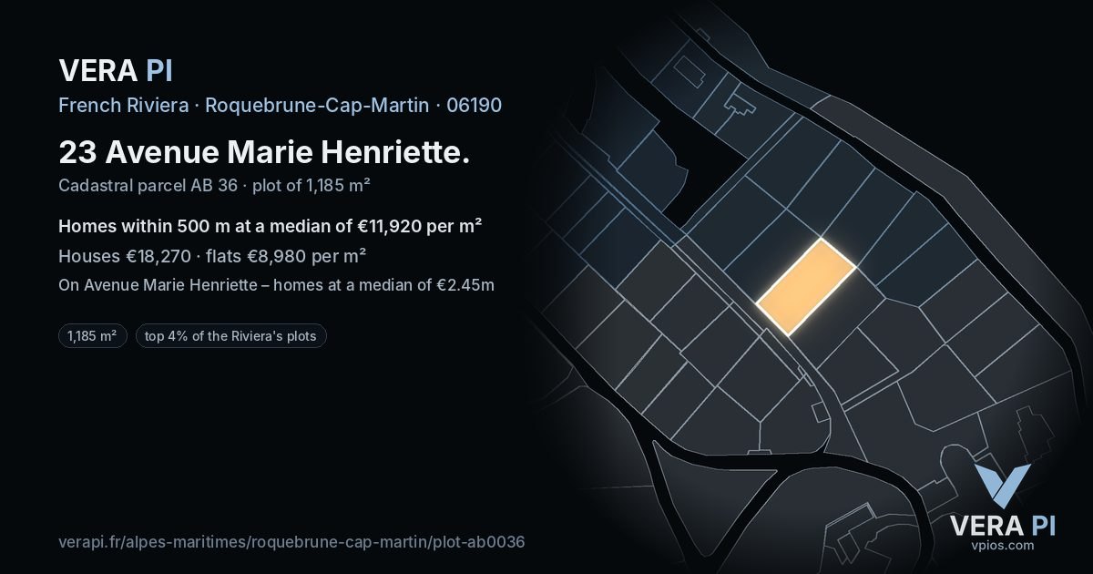 23 Avenue Marie Henriette, Roquebrune-Cap-Martin at night – the plot lit, the parcels around coloured by the prices near them