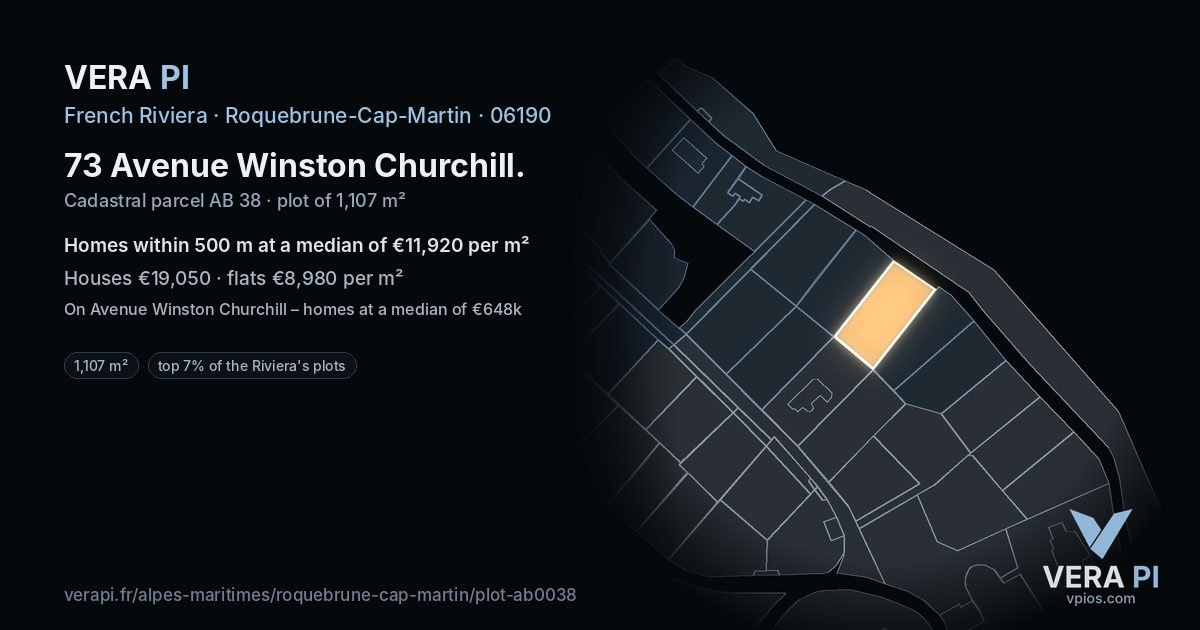 73 Avenue Winston Churchill, Roquebrune-Cap-Martin at night – the plot lit, the parcels around coloured by the prices near them
