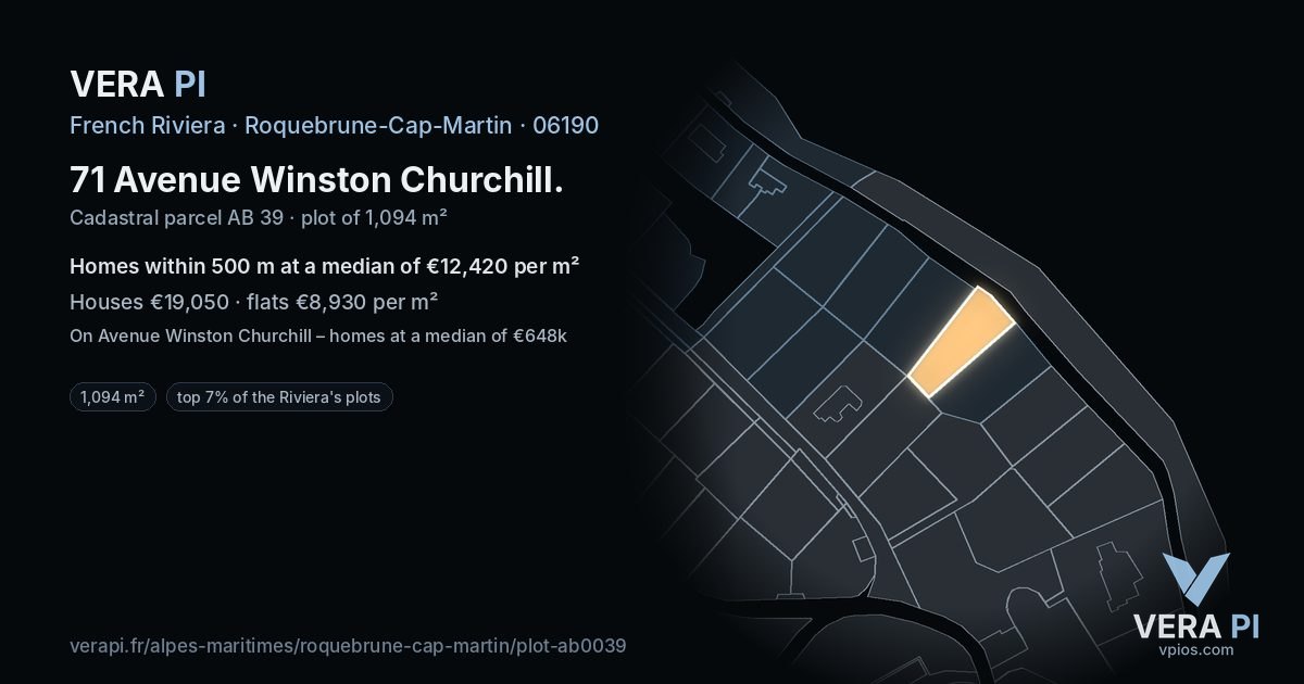 71 Avenue Winston Churchill, Roquebrune-Cap-Martin at night – the plot lit, the parcels around coloured by the prices near them