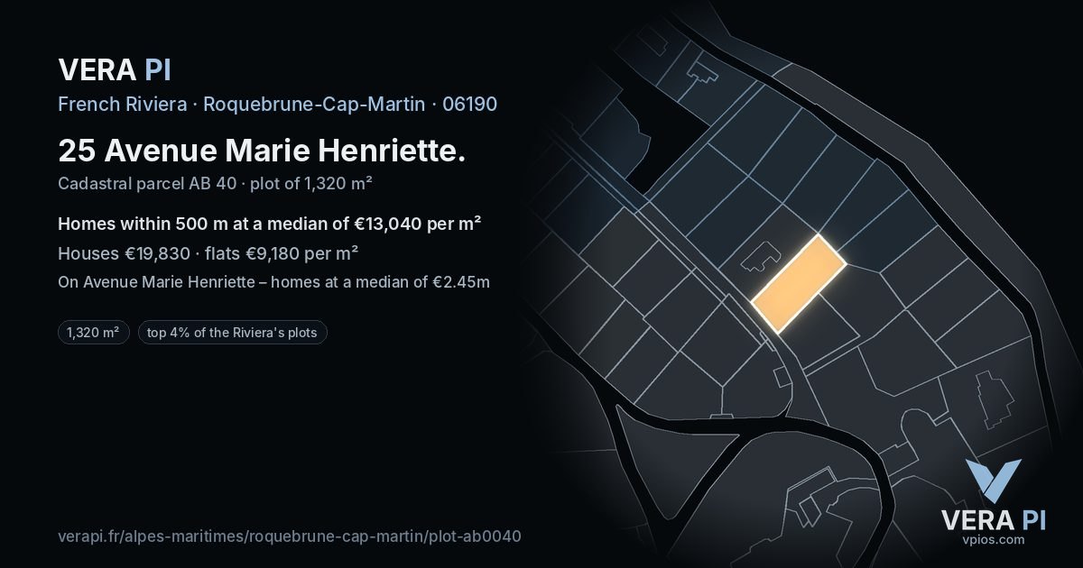 25 Avenue Marie Henriette, Roquebrune-Cap-Martin at night – the plot lit, the parcels around coloured by the prices near them