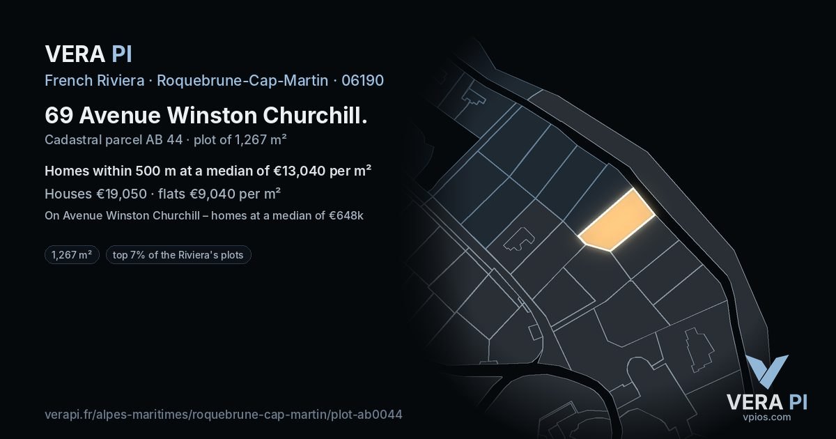 69 Avenue Winston Churchill, Roquebrune-Cap-Martin at night – the plot lit, the parcels around coloured by the prices near them