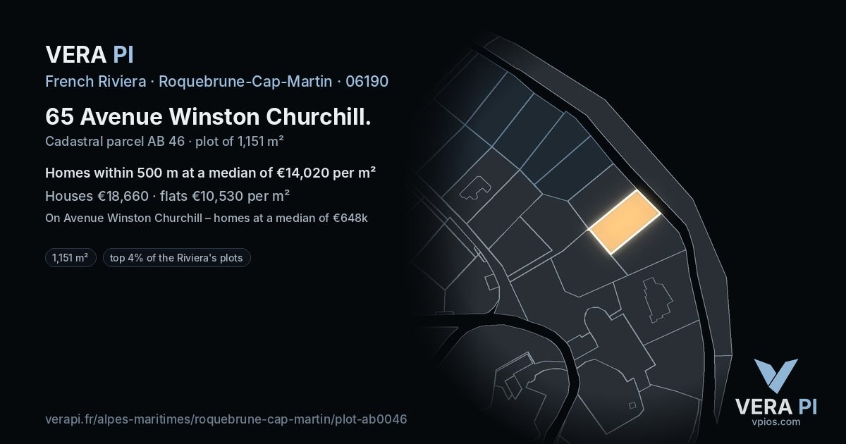 65 Avenue Winston Churchill, Roquebrune-Cap-Martin at night – the plot lit, the parcels around coloured by the prices near them