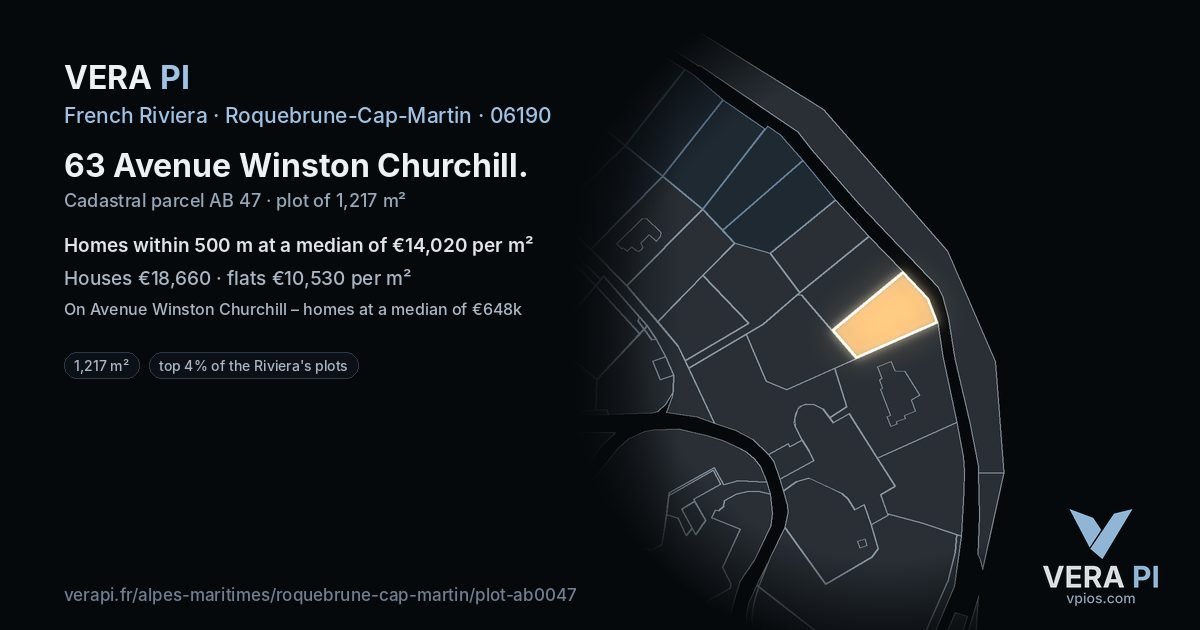 63 Avenue Winston Churchill, Roquebrune-Cap-Martin at night – the plot lit, the parcels around coloured by the prices near them