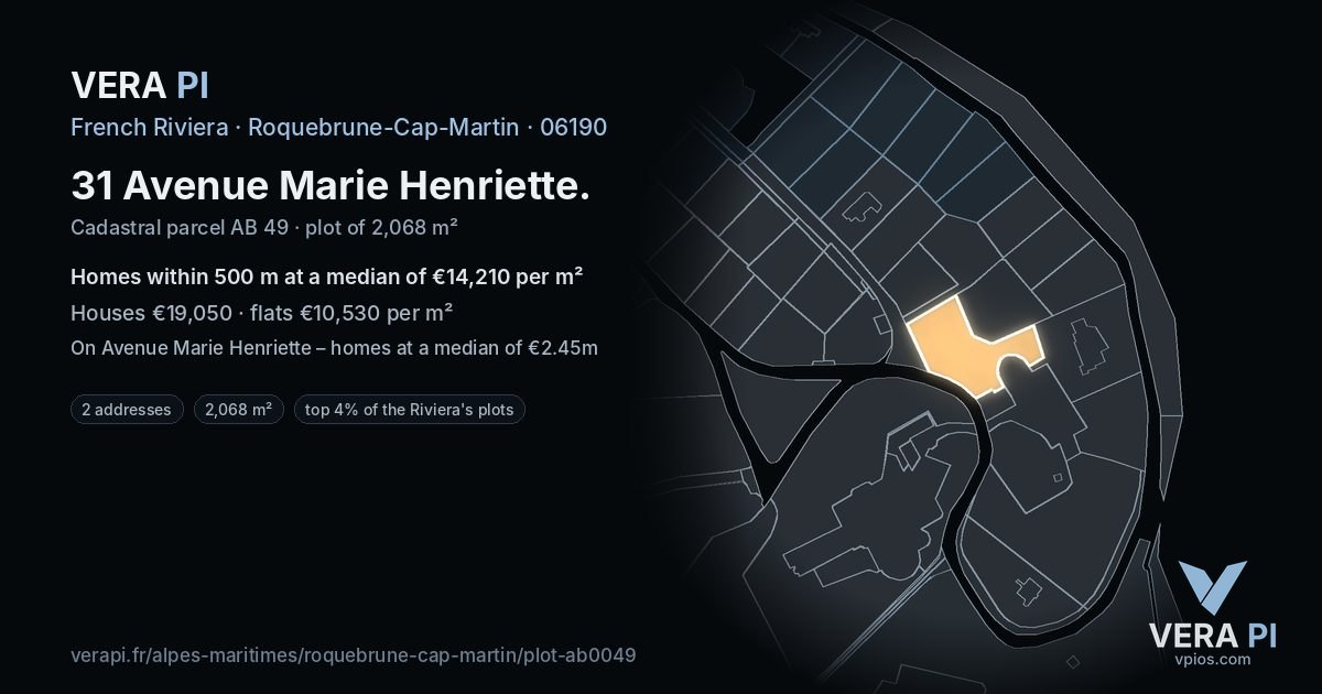 31 Avenue Marie Henriette, Roquebrune-Cap-Martin at night – the plot lit, the parcels around coloured by the prices near them