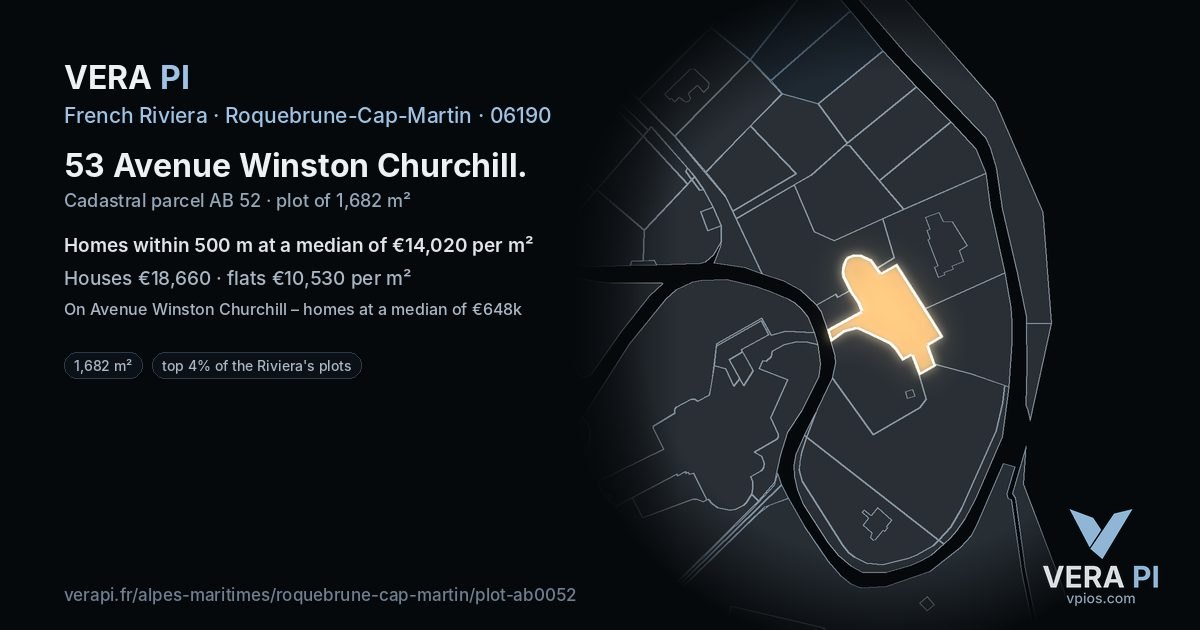 53 Avenue Winston Churchill, Roquebrune-Cap-Martin at night – the plot lit, the parcels around coloured by the prices near them