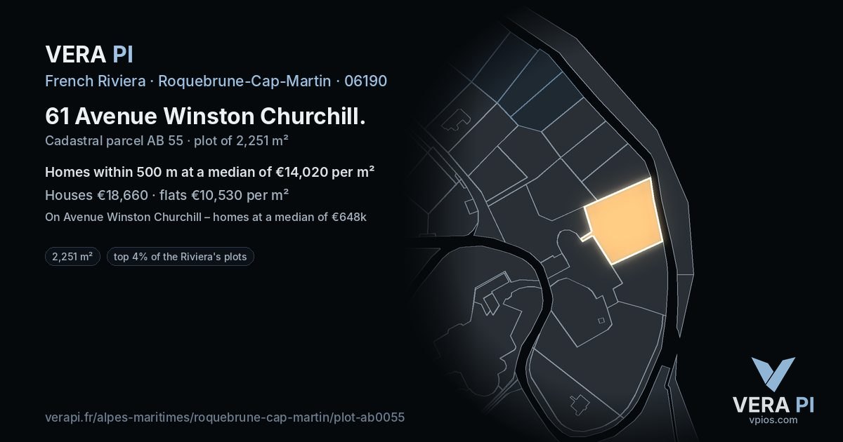 61 Avenue Winston Churchill, Roquebrune-Cap-Martin at night – the plot lit, the parcels around coloured by the prices near them