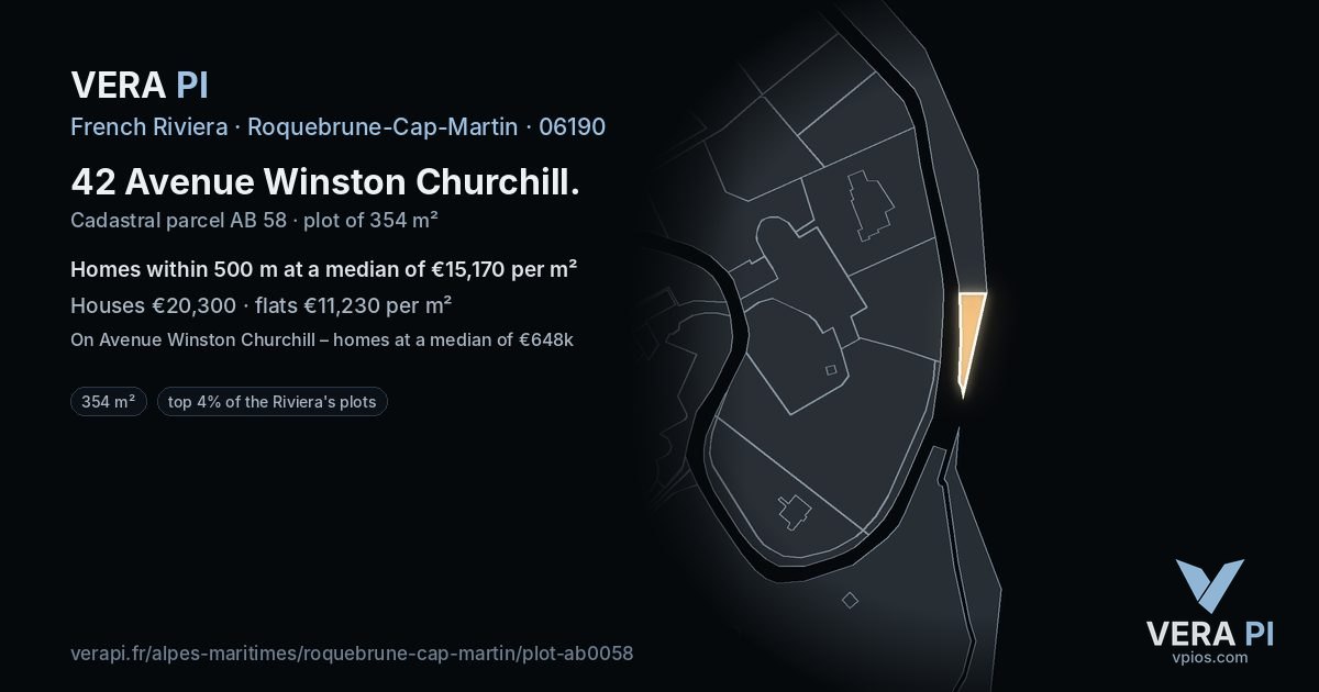 42 Avenue Winston Churchill, Roquebrune-Cap-Martin at night – the plot lit, the parcels around coloured by the prices near them