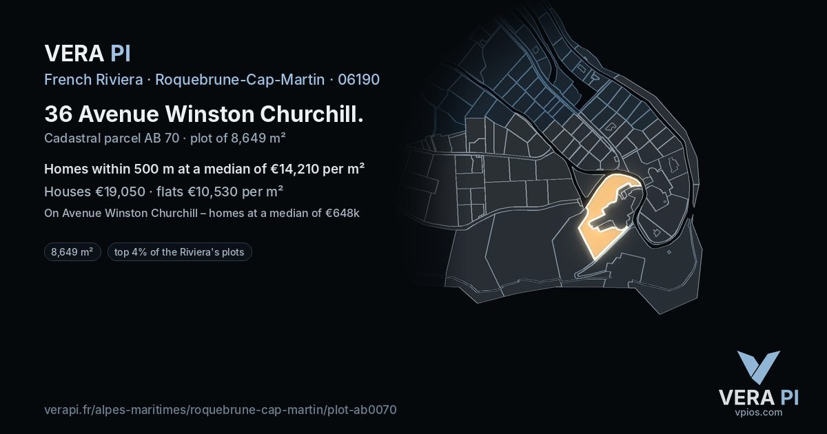 36 Avenue Winston Churchill, Roquebrune-Cap-Martin at night – the plot lit, the parcels around coloured by the prices near them