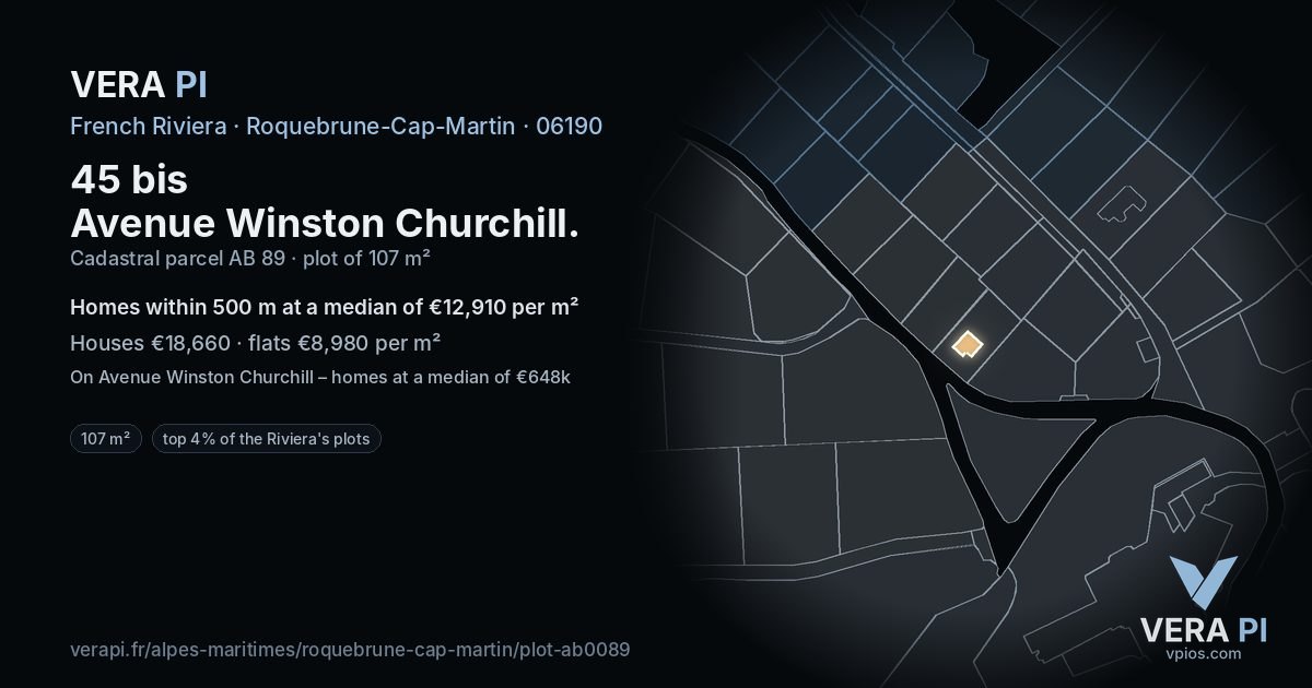 45 bis Avenue Winston Churchill, Roquebrune-Cap-Martin at night – the plot lit, the parcels around coloured by the prices near them