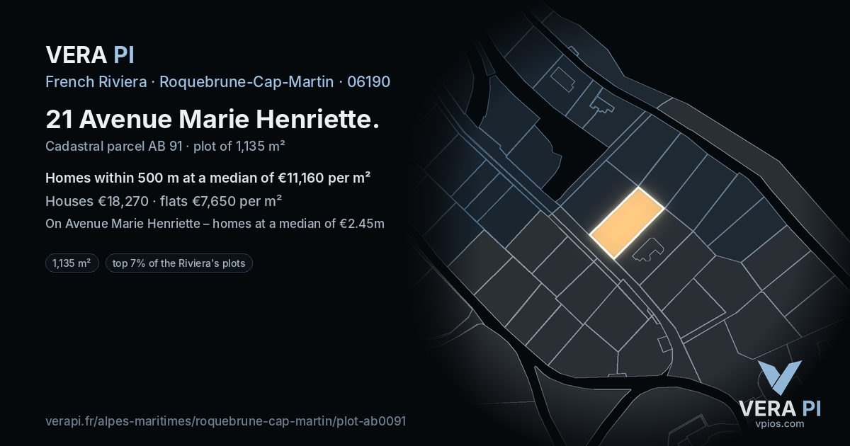 21 Avenue Marie Henriette, Roquebrune-Cap-Martin at night – the plot lit, the parcels around coloured by the prices near them