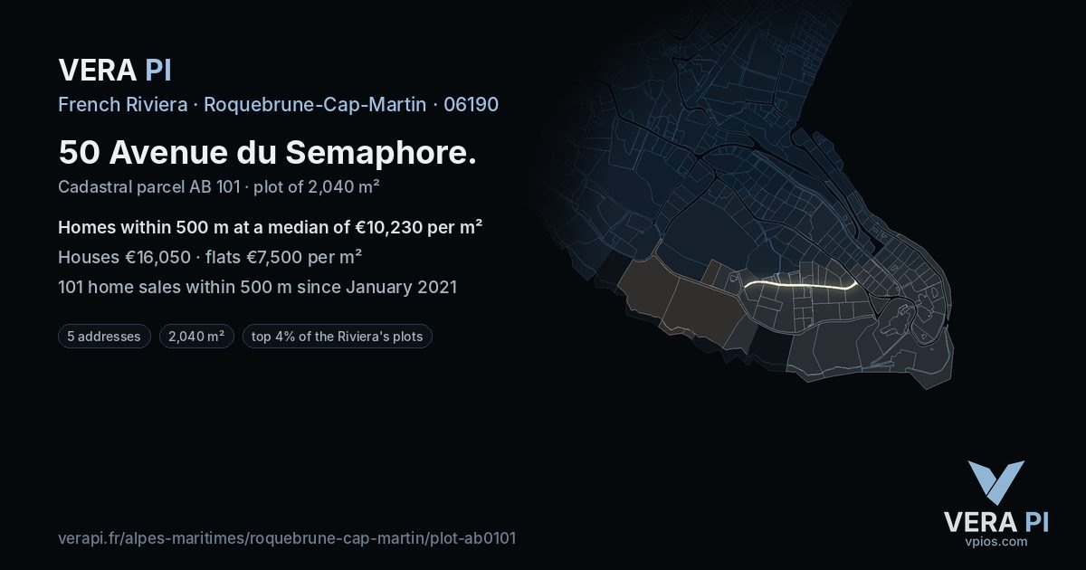 50 Avenue du Semaphore, Roquebrune-Cap-Martin at night – the plot lit, the parcels around coloured by the prices near them