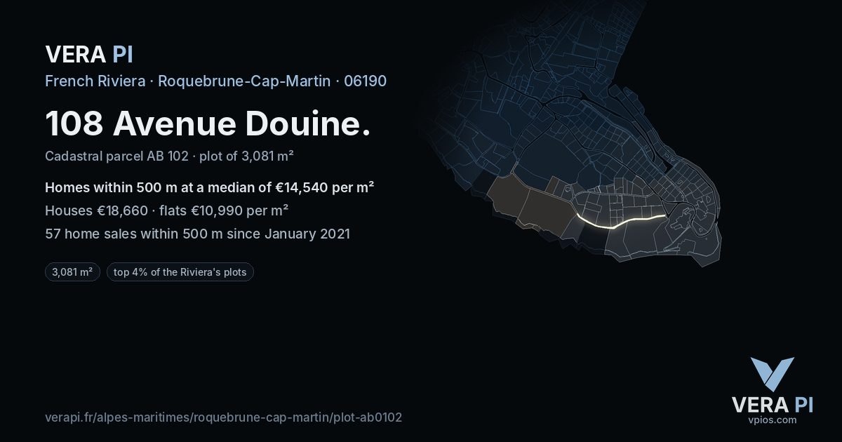 108 Avenue Douine, Roquebrune-Cap-Martin at night – the plot lit, the parcels around coloured by the prices near them