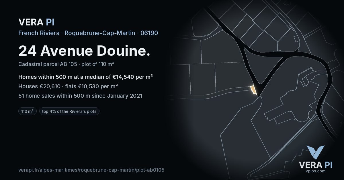 24 Avenue Douine, Roquebrune-Cap-Martin at night – the plot lit, the parcels around coloured by the prices near them