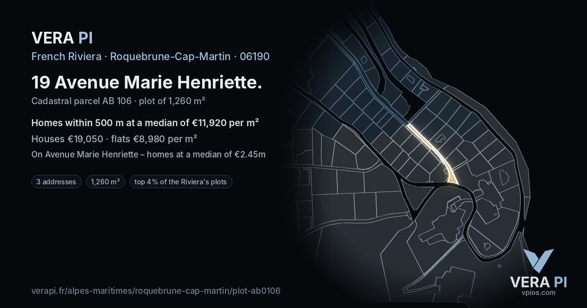 19 Avenue Marie Henriette, Roquebrune-Cap-Martin at night – the plot lit, the parcels around coloured by the prices near them