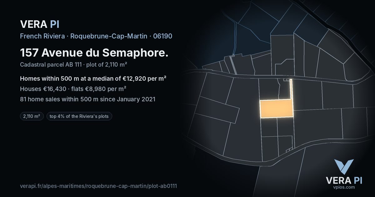 157 Avenue du Semaphore, Roquebrune-Cap-Martin at night – the plot lit, the parcels around coloured by the prices near them