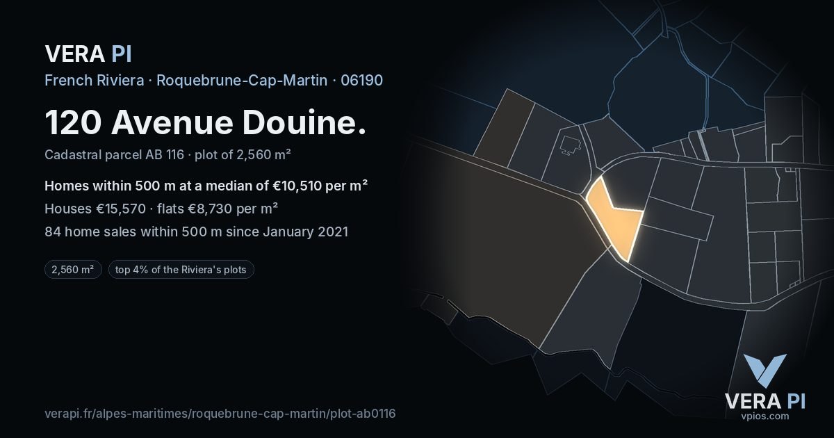 120 Avenue Douine, Roquebrune-Cap-Martin at night – the plot lit, the parcels around coloured by the prices near them