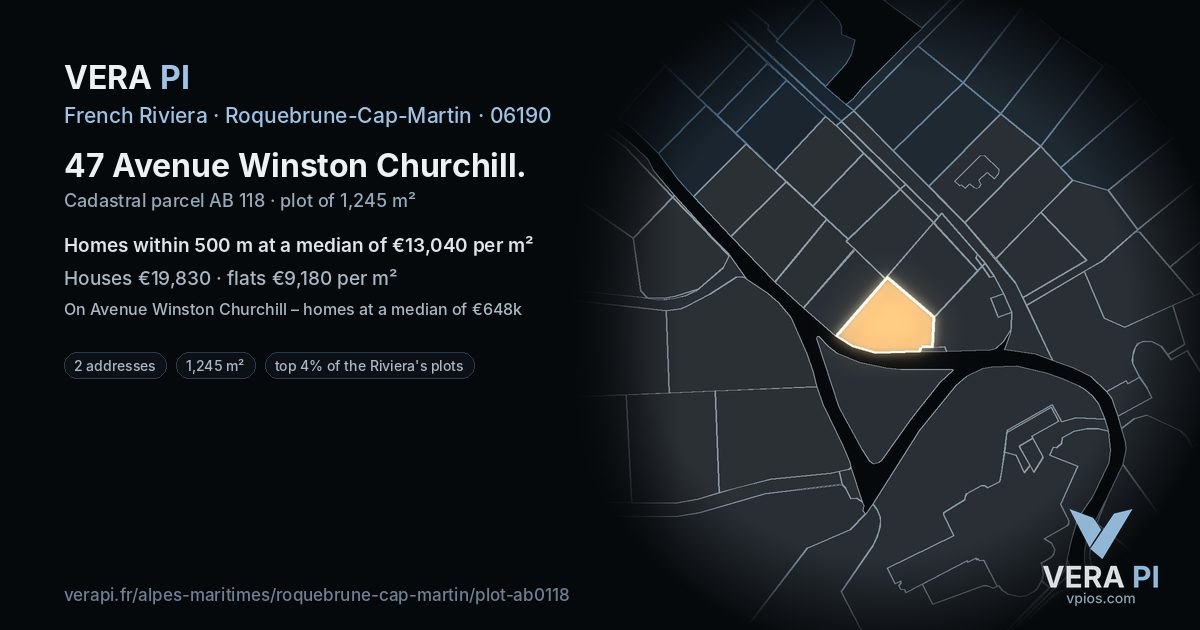 47 Avenue Winston Churchill, Roquebrune-Cap-Martin at night – the plot lit, the parcels around coloured by the prices near them