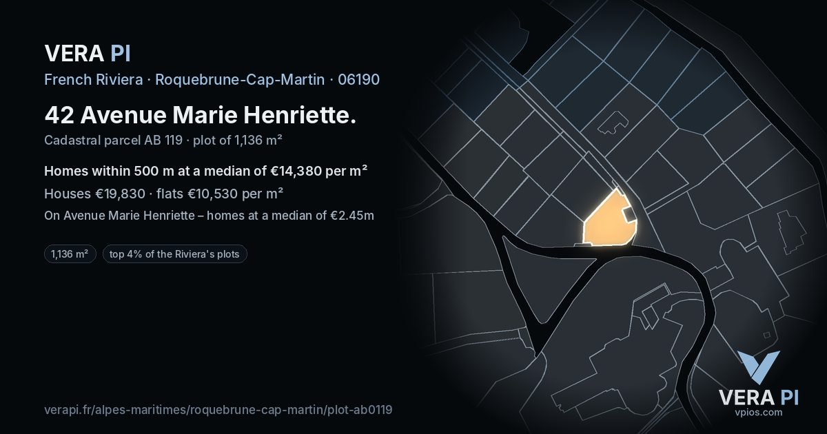 42 Avenue Marie Henriette, Roquebrune-Cap-Martin at night – the plot lit, the parcels around coloured by the prices near them