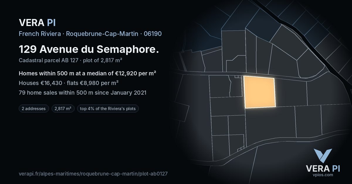 129 Avenue du Semaphore, Roquebrune-Cap-Martin at night – the plot lit, the parcels around coloured by the prices near them