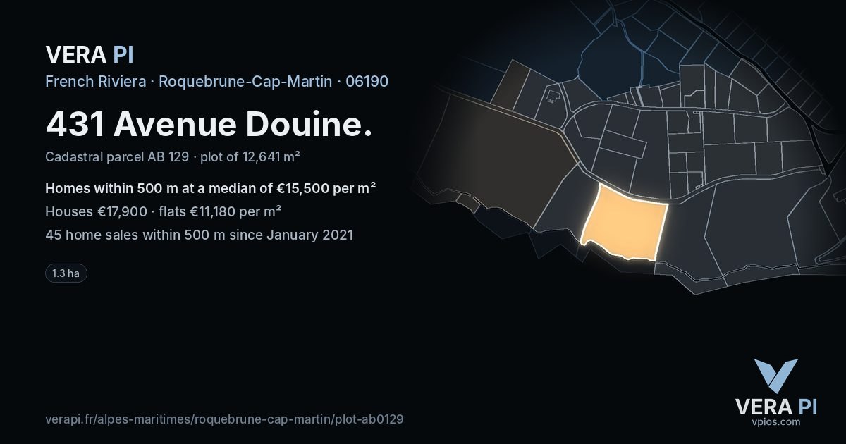 431 Avenue Douine, Roquebrune-Cap-Martin at night – the plot lit, the parcels around coloured by the prices near them