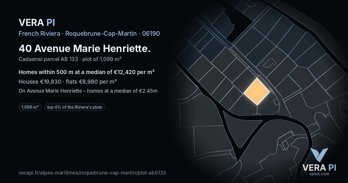 40 Avenue Marie Henriette, Roquebrune-Cap-Martin at night – the plot lit, the parcels around coloured by the prices near them