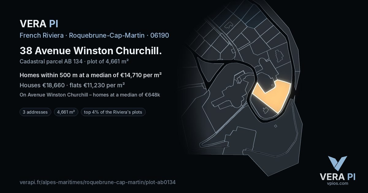 38 Avenue Winston Churchill, Roquebrune-Cap-Martin at night – the plot lit, the parcels around coloured by the prices near them
