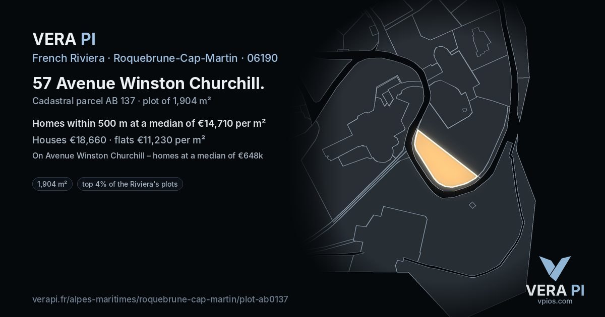 57 Avenue Winston Churchill, Roquebrune-Cap-Martin at night – the plot lit, the parcels around coloured by the prices near them