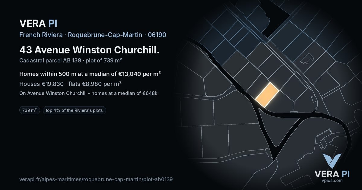 43 Avenue Winston Churchill, Roquebrune-Cap-Martin at night – the plot lit, the parcels around coloured by the prices near them
